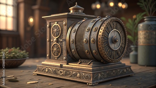 Antique Brass Clock Mechanism Close Up on Wooden Surface with Warm Lighting