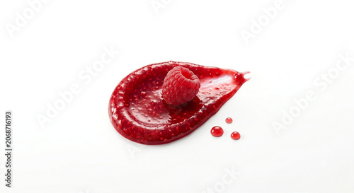 Distant shot of a raspberry on a thick textured red compote smear