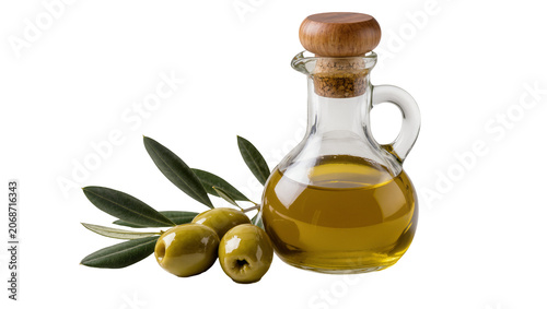 Εκτύπωση καμβά Glass cruet filled with golden olive oil next to green olives and leaves