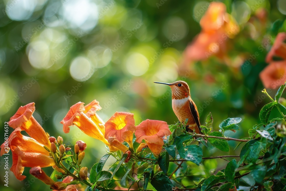 Fototapeta premium Sunlit trumpet vine nectar visit by a tiny rufous hummingbird