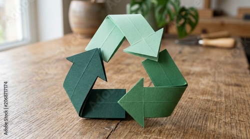 Green Origami Folded Paper Recycle Symbol
