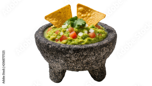 Bild auf Leinwand Fresh guacamole in stone molcajete with tortilla chips and cilantro