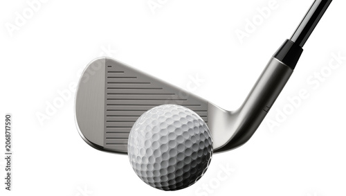 Golf club iron head striking white dimpled ball