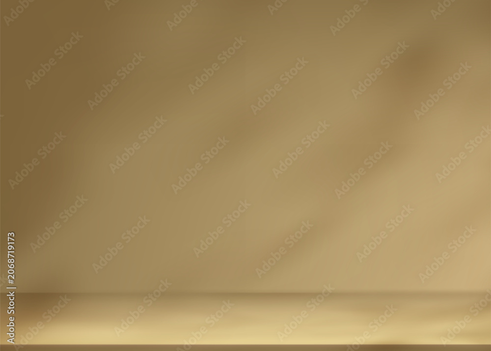 Fototapeta premium Gold background.Shadow light on podium wall,floor backdrop scene for Autumn,Christmas,New Year,Interior studio room yellow gradient.Luxury product display,Cosmetic Advertising,3d Mockup,Premium design