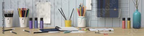 Minimal Artist Workspace Mockup with Blank Posters, Paint Supplies and Creative Tools