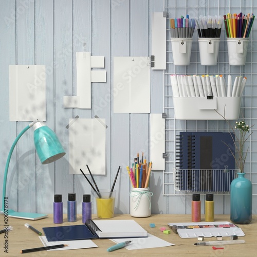 Minimal Artist Workspace Mockup with Blank Posters, Paint Supplies and Creative Tools