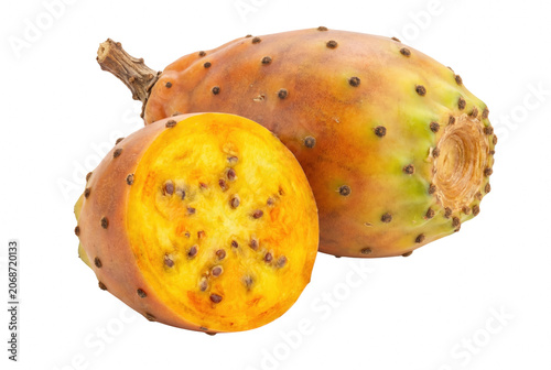 Photos Ripe yellow prickly pear fruit whole and halved showing seeds