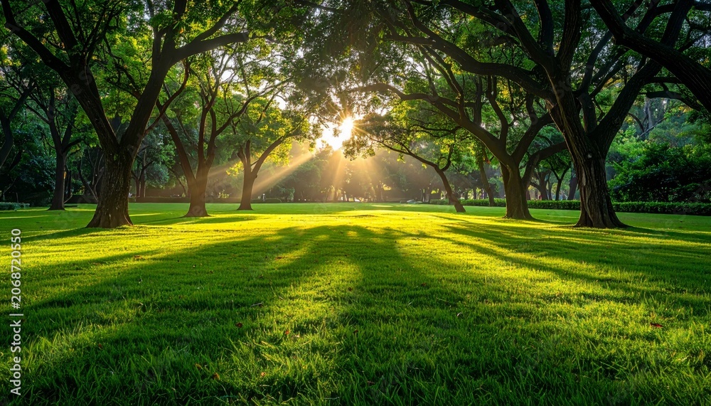 Fototapeta premium Road in a peaceful forest with trees and sunlight on a rural path in the morning