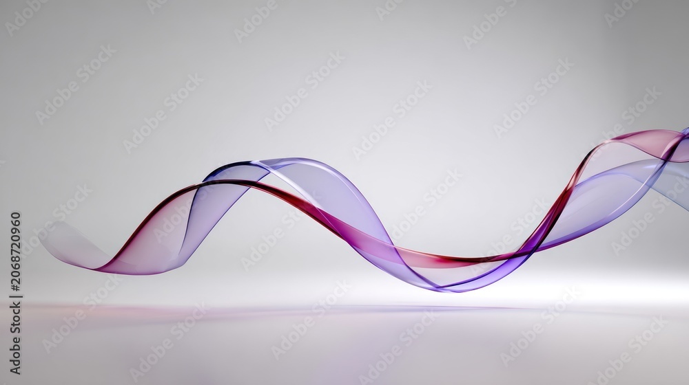 Fototapeta premium Translucent purple and red ribbon flows dynamically across a smooth, light gray background