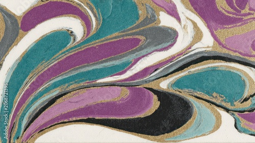 Swirling abstract pattern features vibrant purple, teal, and gold metallic accents on a textured surface