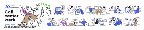 Customer support and care service, call center work set. Online helpdesk assi...