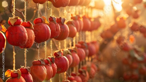 Drying persimmons strung on ropes autumn sunlight