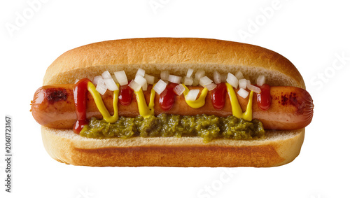 Hot dog with ketchup mustard relish, and diced onions in a bun