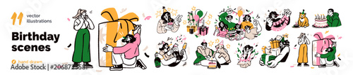 Birthday party celebration set. Happy people celebrating anniversary with fri...