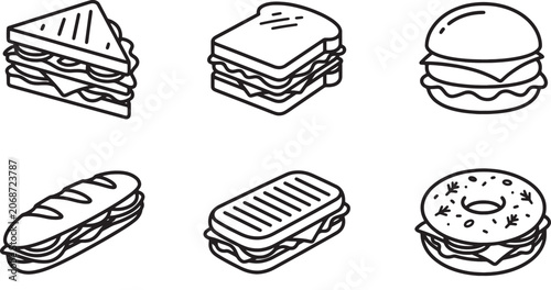 Set of various types of sandwiches and burger icons with sandwich, illustration