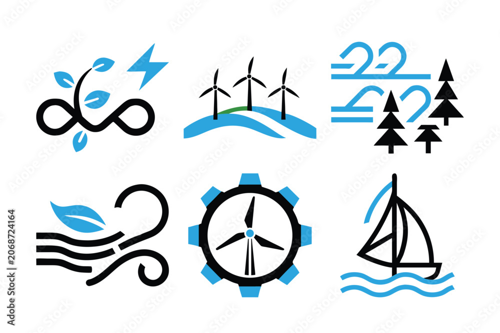Fototapeta premium Set of vector illustrations for green energy, alternative power sources, nature friendly technologies, and environmental care.