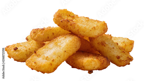 Foto Golden crispy potato hash brown sticks pile