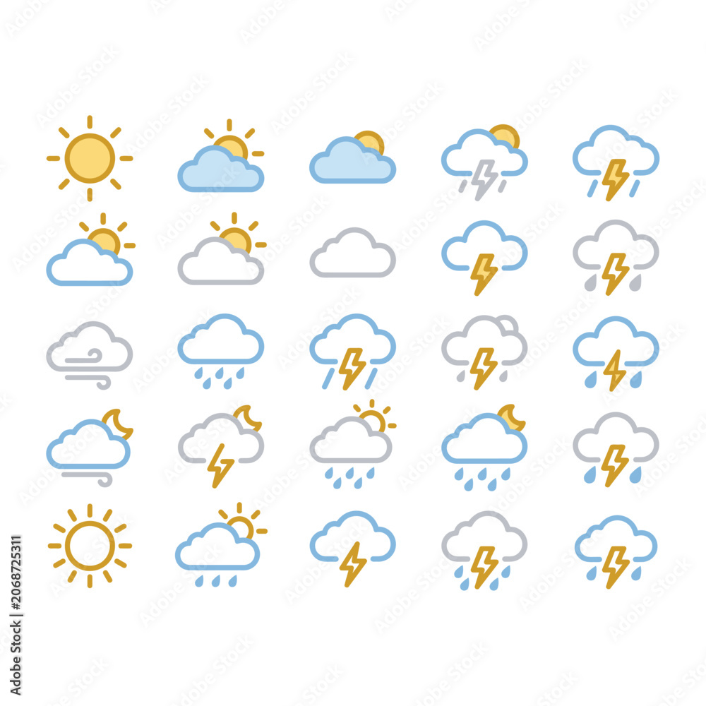 Obraz premium Weather Icons Collection Flat Line Style On White Background