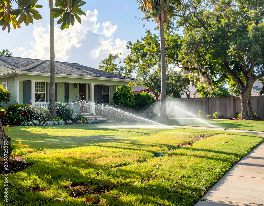 Fototapeta premium Suburban Home Lawn Irrigation System Watering Green Grass and Plants.