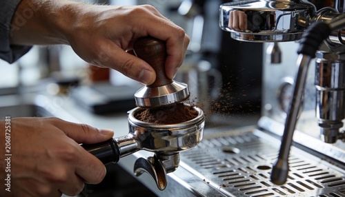 Tamping gray-cuffed barista hands pressing portafilter at cafe bar, with wooden tamper and grounds