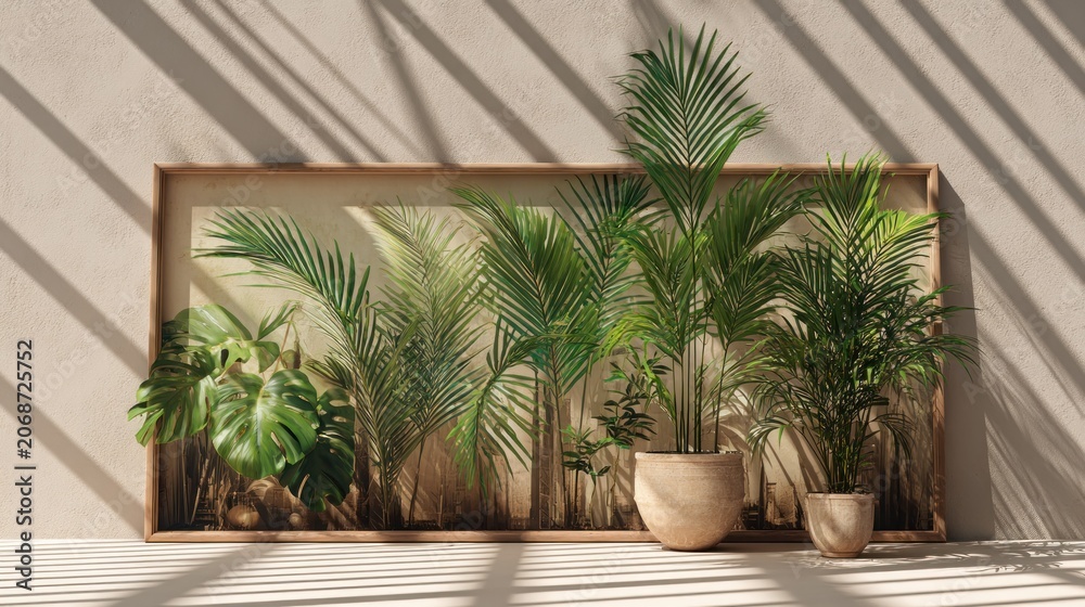 Fototapeta premium Lush tropical foliage arrangement displayed within a large wooden frame rests against a textured wall illuminated by striped light and shadow.