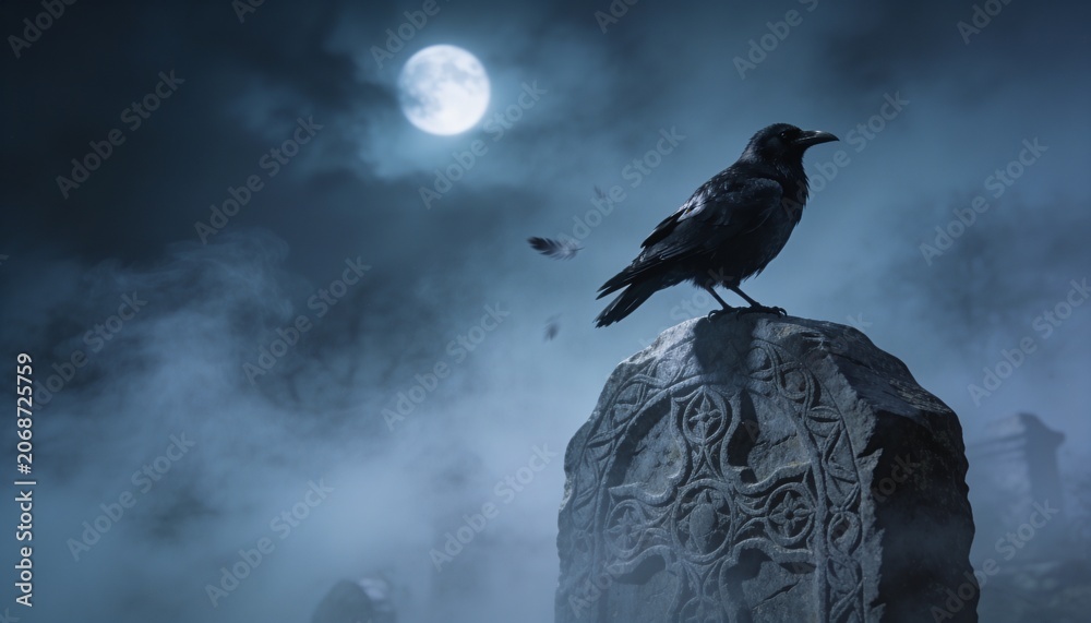 Obraz premium Perching black raven settling on grave Celtic knotwork at cemetery under full moon fog, copy space