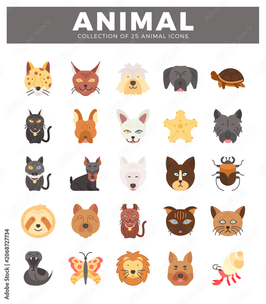 Fototapeta premium Cartoon animal icon collection with diverse pet and wildlife faces on white background.