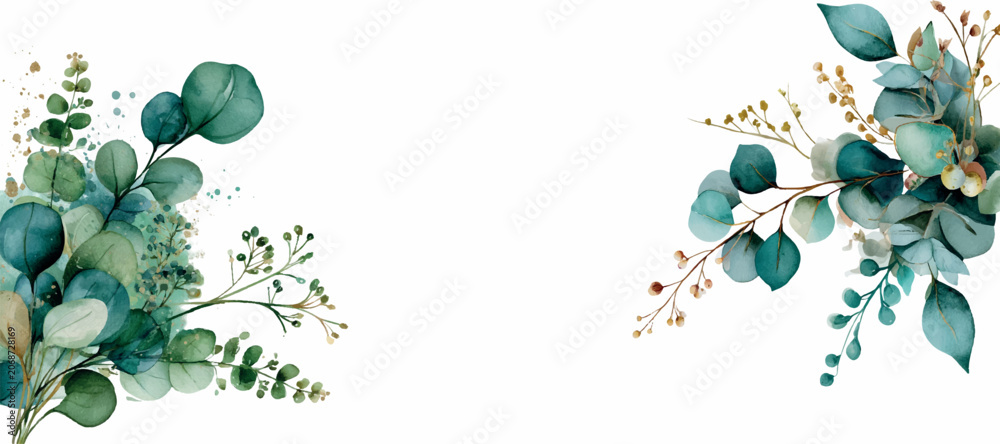 Obraz premium Watercolor eucalyptus leaves and branches forming a beautiful natural frame