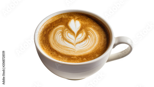 White cup of latte with heart and leaf latte art