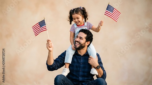 Hispanic father carrying his daughter holding American flags