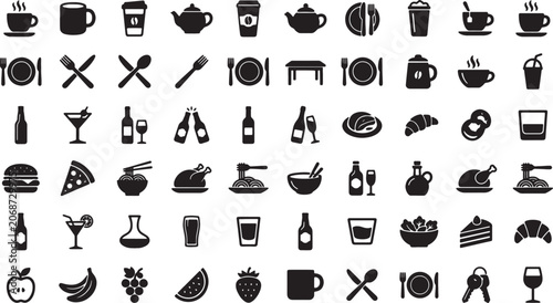 Cuadro en lienzo Extensive collection of food and beverage black silhouette graphic icons