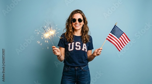Woman holding sparklers and an American flag