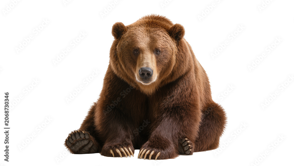 Fototapeta premium Brown bear sitting with front paws visible, full body shot