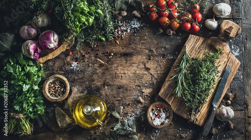 A rustic kitchen table set with fresh ingredients, aromatic herbs, spices, olive oil, a cutting board, and a variety of vegetables, reflecting the moment of cooking with natural textures 