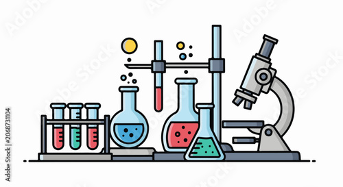 A laboratory setup with various colorful science equipment