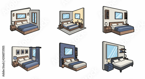A set of six different bedroom designs with beds, nightstands, and windows