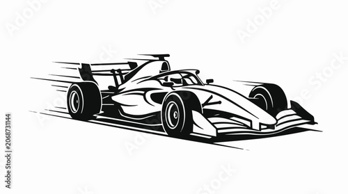A sleek, black-and-white illustration of a racing car speeding to the right