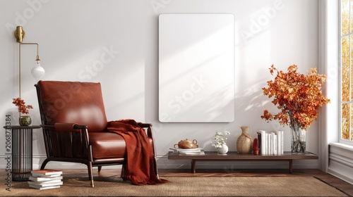 Comfortable reading nook features modern leather armchair and autumn floral arrangement beside blank wall art display