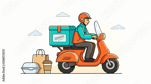 A delivery person on an orange scooter with food and a large insulated box