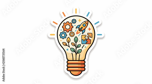 A colorful lightbulb with gears and plant