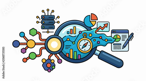A colorful infographic illustration with a magnifying glass