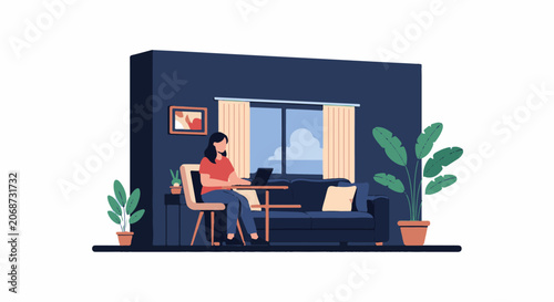 A woman works on a laptop at a desk in a cozy living room