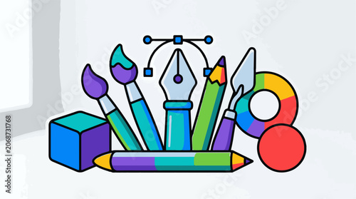 A colorful illustration of artistic tools and a browser logo on a white background