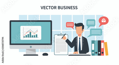 Businessman working at office desk with computer and documents