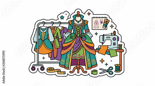 A colorful illustration of a fashion designer with a dress on a mannequin and rack