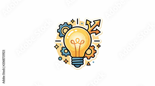 Cartoon-style illustration of a lightbulb with gears and arrows
