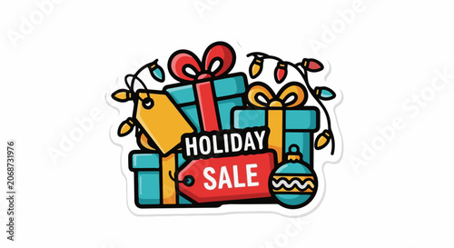 Colorful holiday sale graphic with gifts and lights