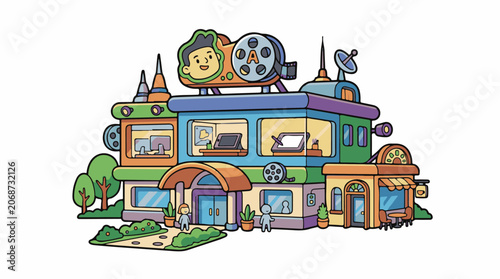 A colorful cartoon building with a film reel on top and a person in a green bubble