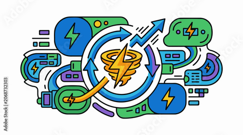 A colorful illustration of a lightning bolt surrounded by arrows and various shapes