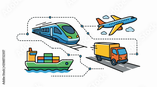 Colorful illustration of various transportation modes connected by dotted lines